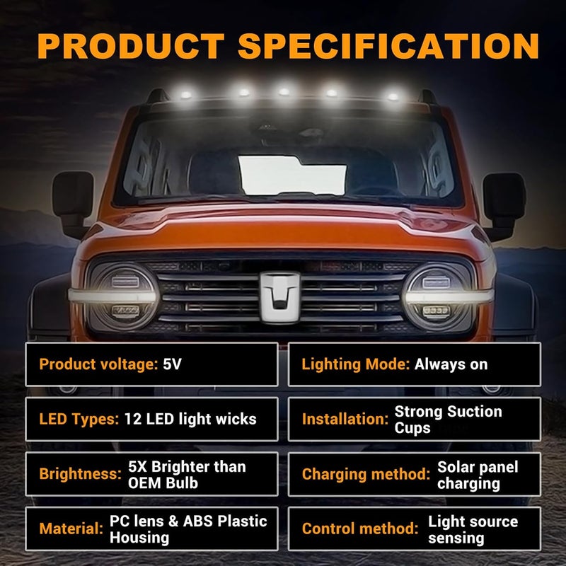 ALDST Solar Wireless No Drill Cab Lights for Truck Roof, IP67 Waterproof 5PCS, Solar-Powered Truck Cab Lights with Auto Sensor Luces para Techo de Carro (White) - Image 5